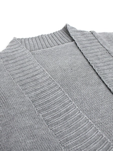 Detailed view of the premium rib-knit neckline on a grey minimalist knit cardigan