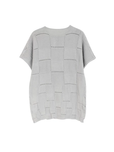 Close-up of light gray short-sleeve knit sweater featuring square texture and openwork details