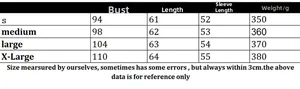 Detailed size chart for long sleeve crew neck knit sweater with chest and length data