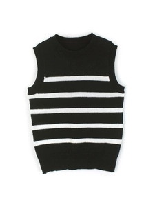 Classic black and white striped crewneck knitted sweater vest with ribbed trim details