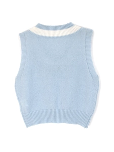 Débardeur en tricot bleu clair pour femme avec col en V et rayures blanches de style