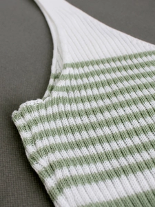 Green and white striped V-neck ribbed knit sweater vest dress for women stylish look