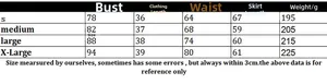 Detailed size chart for knitted crop top and skirt beach set showing bust and waist measurements