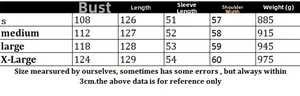 Detailed size chart for long cardigan coat including chest, length, sleeve, and shoulder metrics