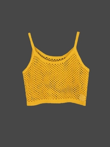 Knitted hollow out crop top and long skirt set in mustard yellow for beach wear