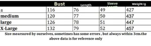 Detailed size chart for long sleeve cardigan sweater showing bust length and weight data