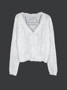 Detail of white V-neck knit cardigan with hollow diamond patterns and scalloped edges