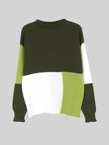 Relaxed round neck sweater with bold color block patchwork in green and white knit