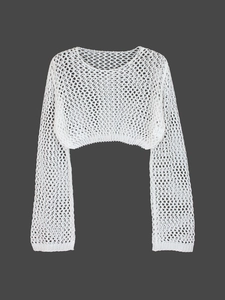 Women's white long sleeve hollow knit sweater beach cover-up top with crew neck
