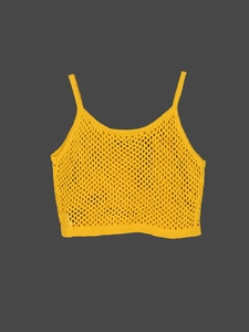 Bright yellow knit cropped camisole with openwork mesh texture on dark grey background