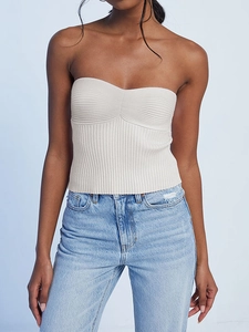 Women Sexy Ribbed Knit Tube Top Strapless Solid Color Slim Fit Summer Casual Bandeau Crop Top For Party Vacation