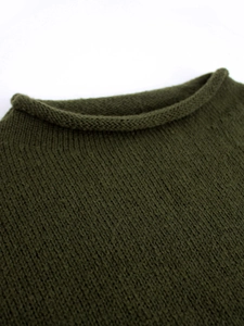 Deep olive green long-sleeve knit sweater with a rolled crewneck design for autumn