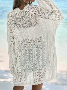 Boho ivory crochet knit long sleeve cover up cardigan for beach summer vacation