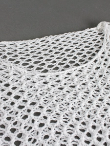 White crochet hollow out mesh knit sweater with long sleeves and crew neck design