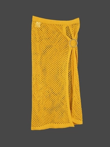 Knitted openwork mini skirt wrap cover-up in bright yellow with silver ring buckle