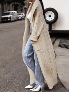 Beige chunky knit long cardigan with lapels and cable pattern for autumn fashion