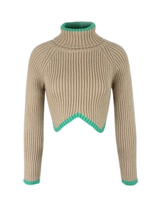 Détail du pull en maille courte avec col roulé et bords côtelés verts contrastés