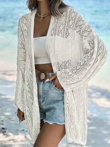 White boho crochet knit cardigan with hollow diamond pattern for beach summer vacations