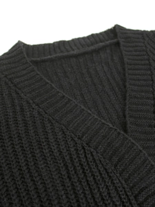 Classic black ribbed knit V-neck cardigan sweater with long sleeves and pocket detail