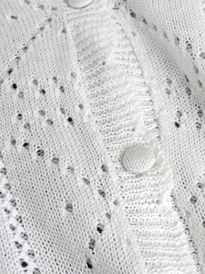 Close-up of white pointelle knit cardigan featuring fabric-covered buttons and fringe edges