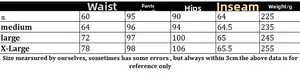 Size chart for crochet beach pants showing waist, length, hips, and weight measurements