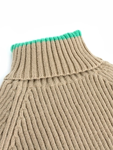 Détail du pull beige à col roulé avec une rayure verte vive sur le col en maille épaisse