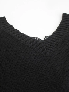 Women's black V-neck knit sweater with elegant lace trim and ribbed texture detail