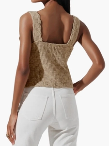Gilet elegante in maglia kaki all'uncinetto con scollo quadrato per un look casual