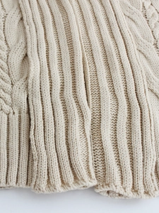 Close-up of thick cable knit texture and vertical ribbing on a cream chunky cardigan