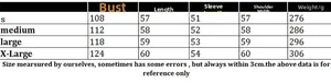 Size chart for women's knit sweater showing chest, length, sleeve, and shoulder dimensions