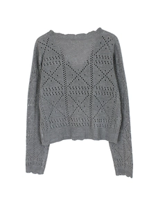 Close-up of grey V-neck knit cardigan featuring elegant diamond pointelle openwork details