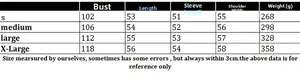 Detailed size chart for knitted sweater showing bust, length, and weight specifications