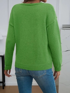 Women's bright green crewneck knit sweater with loose casual fit for autumn fashion