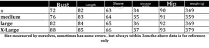 Size guide for knitted backless long sleeve dress showing measurements from S to XL