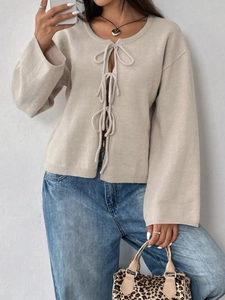 Cardigan beige en maille à manches longues avec nœuds frontaux style décontracté