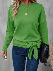 Women's green knit crewneck sweater with side bow detail and ribbed cuffs for autumn
