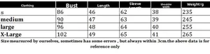 Size chart for women knit set including bust, length, and sleeve measurements
