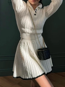 Women Casual Cable Knit Two Piece Set Contrast Binding Long Sleeve Polo Sweater And Mini Skirt Acrylic Knitted Top And Bottom