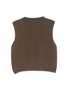 Minimalist dark brown sleeveless knit vest for women with round neck and ribbed hem details