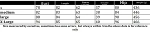 Size chart for long sleeve knitted mini dress with measurements for S to XL sizes