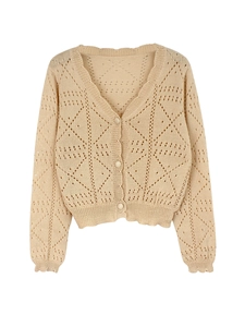 Close-up of beige pointelle knit cardigan featuring delicate diamond eyelet patterns