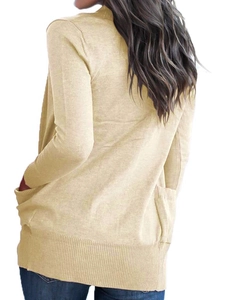 Back view of a beige long-sleeved knitted cardigan with side pockets and casual fit