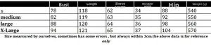 Size chart for V-neck long sleeve knitted dress with bust and length in cm from S to XL