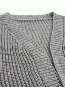 Close-up of grey chunky knit cardigan showing detailed vertical ribbing texture
