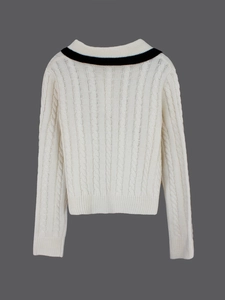 Women's cable-knit sweater with contrast striped collar in creamy white, back view
