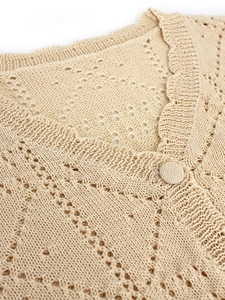 Detailed close-up of beige knit cardigan with hollow weave patterns and scalloped neckline