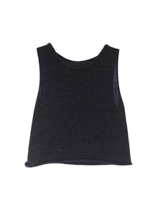 Close-up of black sleeveless knit top featuring a classic round neck and fine texture