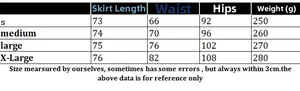 Detailed size chart for women's knitted skirt showing length, waist, and hip measurements