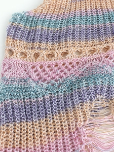 Vue détaillée du tissu en maille crochetée à rayures multicolores avec des franges