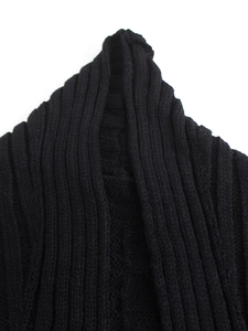 Close-up of black chunky knit long cardigan showing vertical ribbed texture and fabric detail